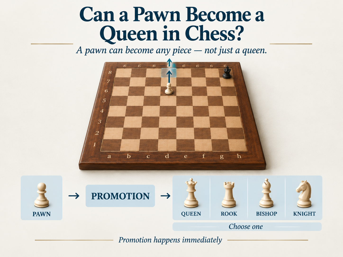 White pawn reaching the eighth rank and promoting to a queen, rook, bishop, or knight
