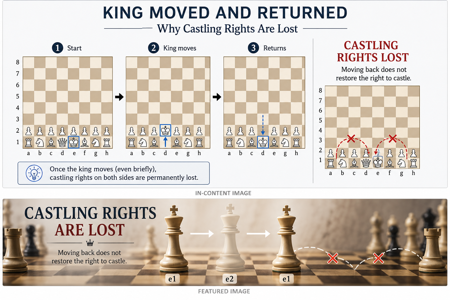 Chess king moving from e1 to e2 and back to e1, showing castling rights are lost
