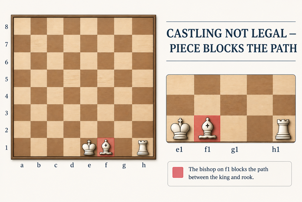 Can you castle if there is a piece between the king and the rook? White bishop on f1 blocks the path between the king on e1 and rook on h1