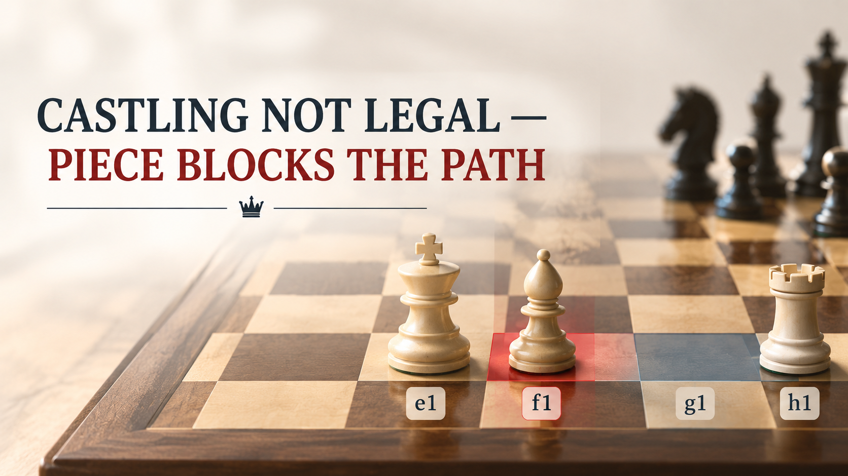 Chess king on e1 and rook on h1 with a bishop blocking the castling path