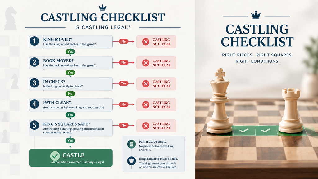 Can you castle? Chess castling checklist showing the conditions for legal castling