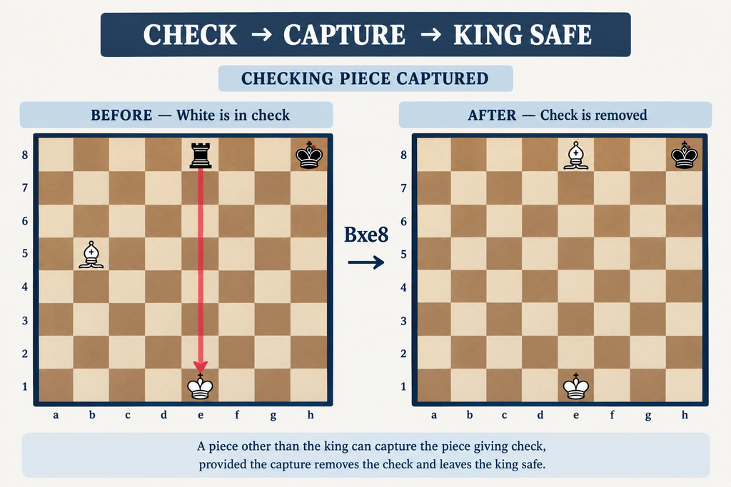 Can You Capture the Piece Giving Check? Chess diagram showing a white bishop capturing a black rook giving check, leaving the white king safe.