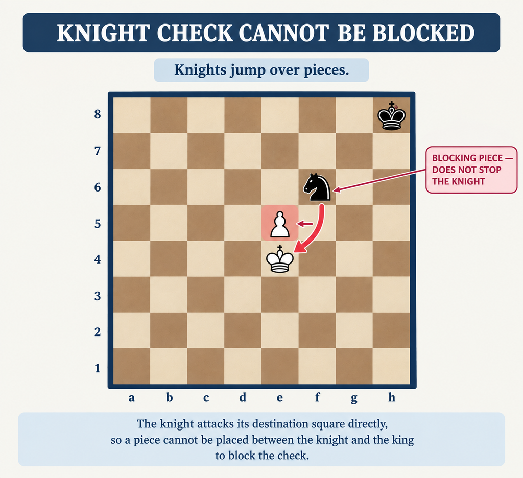 Can You Block a Knight Check? Chess diagram showing a black knight on f6 checking a white king on e4, illustrating why knight checks cannot be blocked.