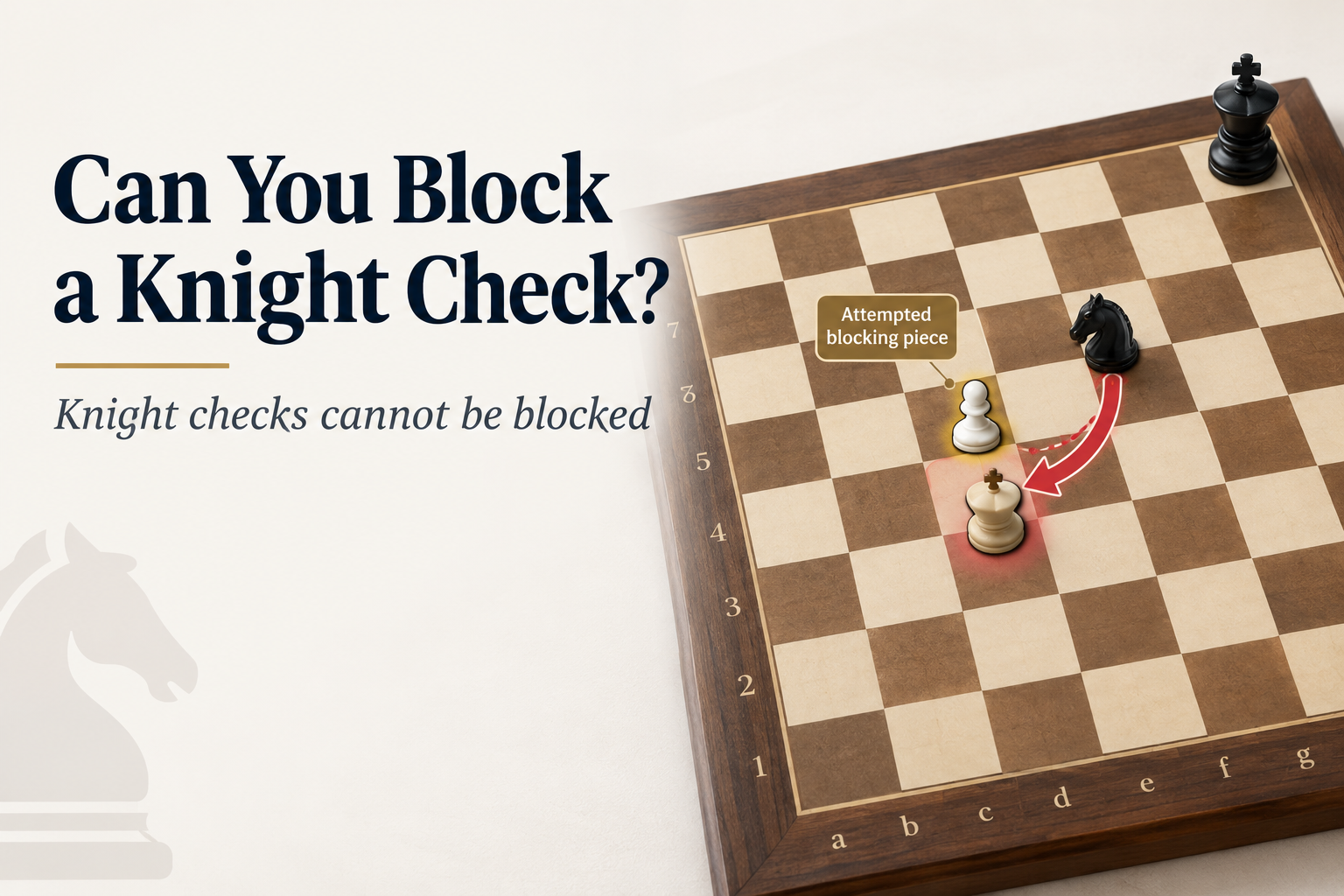 Chess illustration showing a black knight checking a white king, demonstrating that knight checks cannot be blocked.