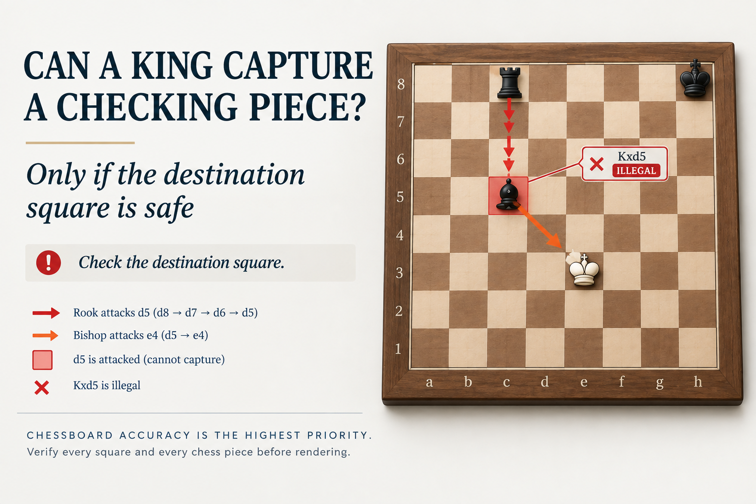Chess position showing a king considering capturing a checking bishop protected by a rook.