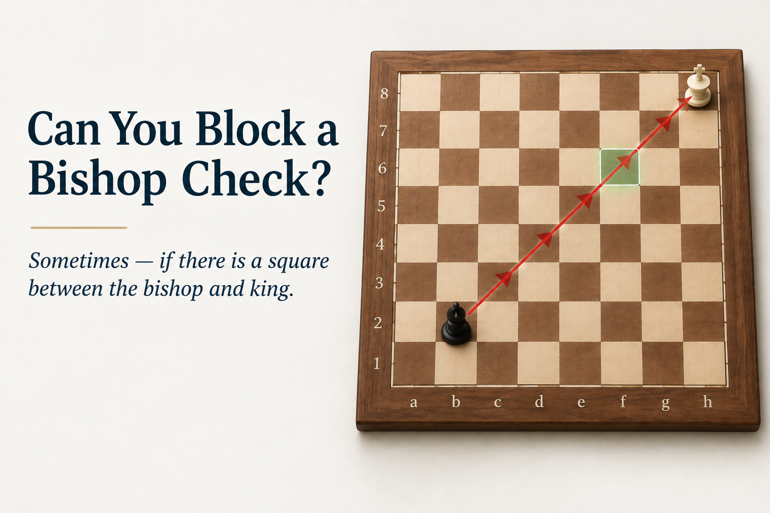 Chessboard showing a bishop giving a diagonal check that can sometimes be blocked