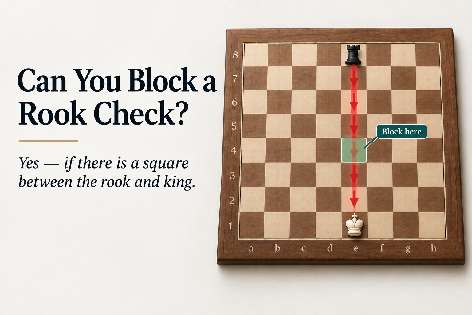 Chess diagram showing a rook checking a king along the e-file with a square available for blocking